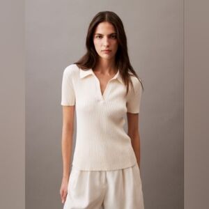 Ribbed Polo Short Sleeve Top in Cream
